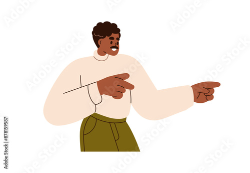 Man pointing with fingers, showing hand gesture. Happy smiling male indicating direction, presenting, advertising with excited emotion expression. Flat vector illustration isolated on white background