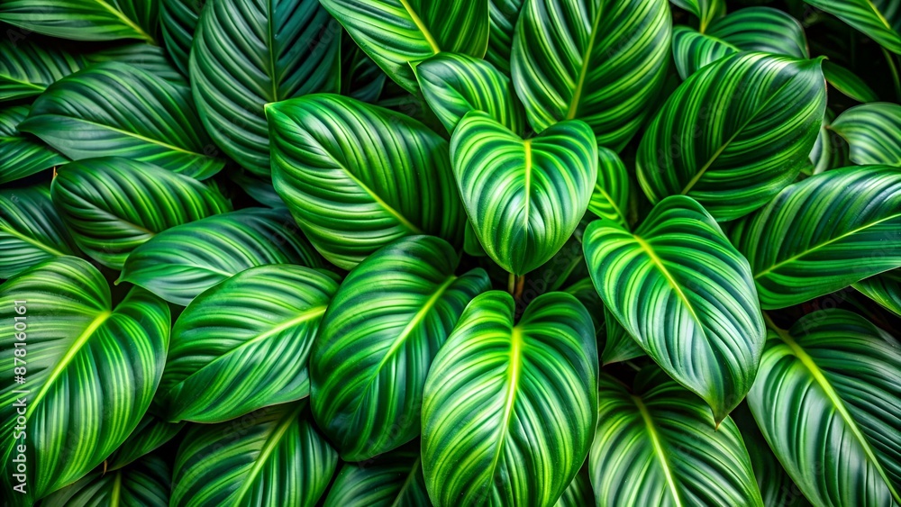 A stunning, close-up shot of a tropical plant's lush, healthy leaves creates a mesmerizing pattern, highlighting the rich, vivid green hues and the organic textures of this exotic jungle flora.