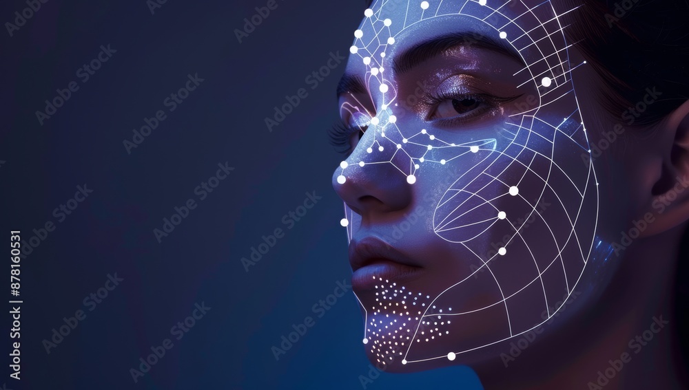 Naklejka premium A beautiful woman with an open and clean face Lifting lines, advertising of face contour correction, female face skin lifting. Facial rejuvenation concept, cosmetology