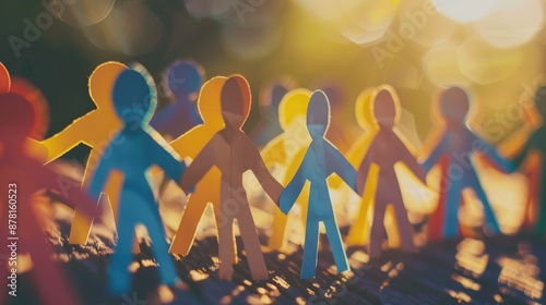Colorful paper people holding hands in front of blurred background with warm sunlight. AIG535