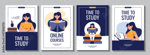 Set of Flyers with woman reading book. Education, bookstore, knowledge, student concept. Vector illustration banner, promo, advertising. 