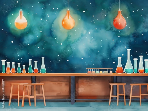 A dynamic watercolor of a science lab, with a mentor guiding students through theoretical principles and experiments