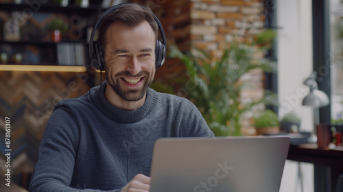 man wear headphone feel hap...