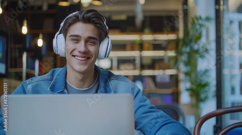 man wear headphone feel hap...