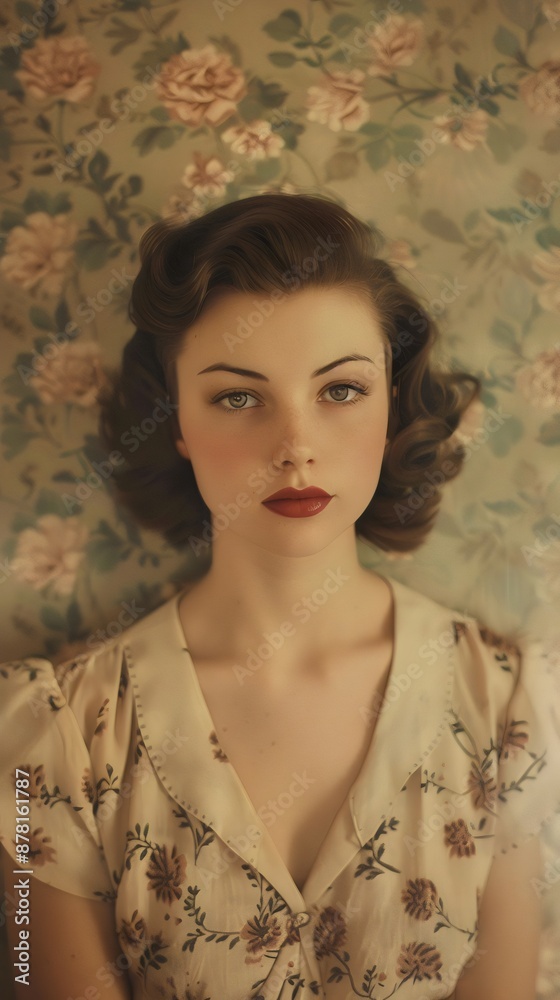 Vintage portrait of a young woman with wavy brunette hair, red lipstick ...