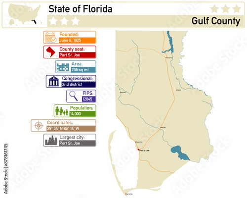 Detailed infographic and map of Gulf County in Florida USA.