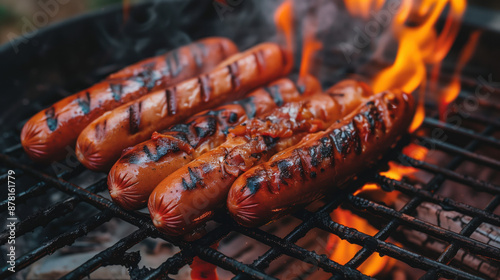 Tasty grilled hotdogs on BBQ