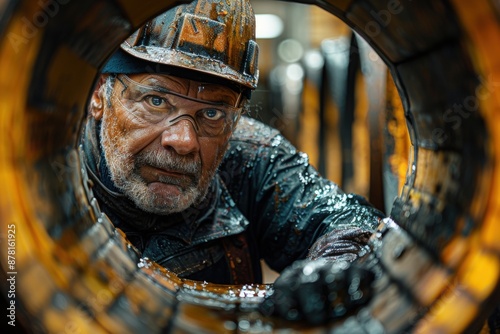 Elderly man wearing safety gear and a helmet, working in an industrial environment, seen through machinery, appearing focused, representing dedication and labor. photo