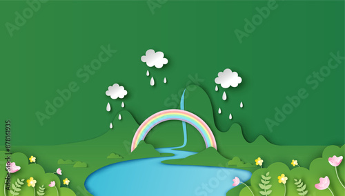 Illustration of mountain view scene with cloud, swamp, rainbow and flower on paper art style. Spring meadow landscape. paper cut and craft style. vector, illustration.