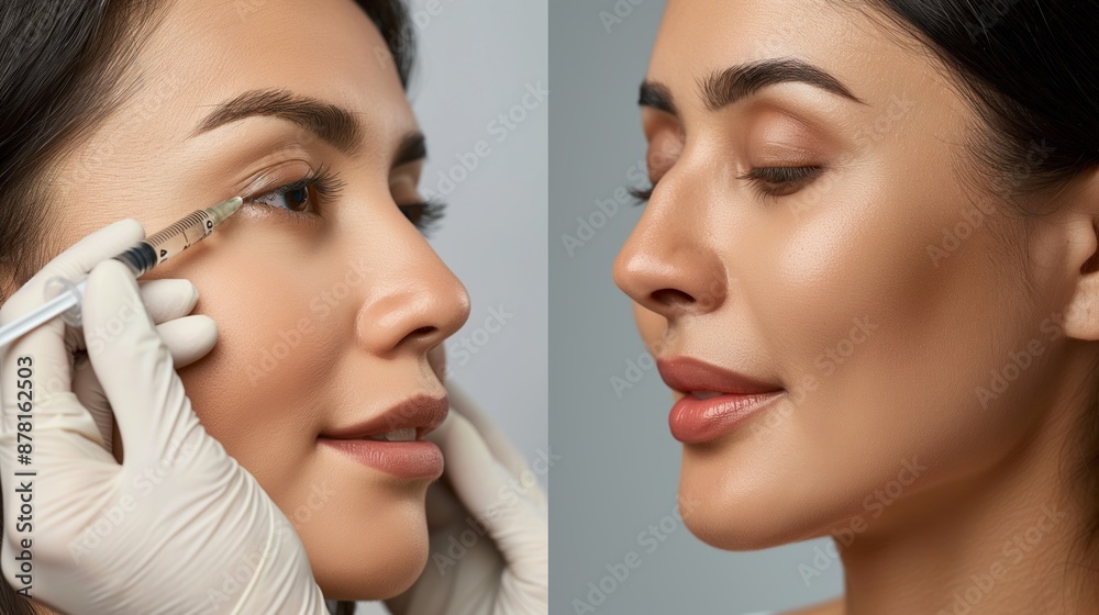 Close-up of a woman receiving botulinum toxin injection near her eye, showcasing smooth, wrinkle-free skin, promotional image for an aesthetic clinic Close-up of a woman receiving botulinum toxin injection near her eye, showcasing smooth, wrinkle-free skin, promotional image for an aesthetic clinic