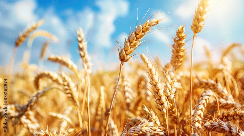 Fototapeta premium Ripe wheat in a farm field under a blue sky