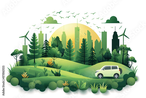 An eco-friendly city with green hills, wind turbines, and a car, symbolizing sustainability and clean energy. photo