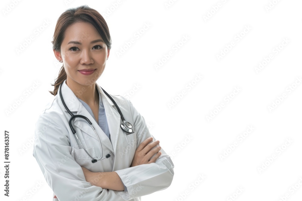 Doctor On White. Happy Adult Asian Woman Doctor Smiling in Hospital Setting Doctor On White. Happy Adult Asian Woman Doctor Smiling in Hospital Setting