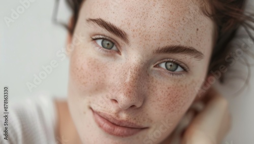 A beautiful woman with brown hair and freckles Beautiful young woman with flawless skin. Portrait of a beautiful model wearing natural nude makeup. Spa, skincare, and wellbeing. White background