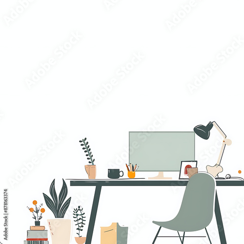 A minimalist flat illustration of an office desk with computer, chair, and plants on a white background. Vector art features simple shapes, clean lines, subtle gradients, and flat design style with cl