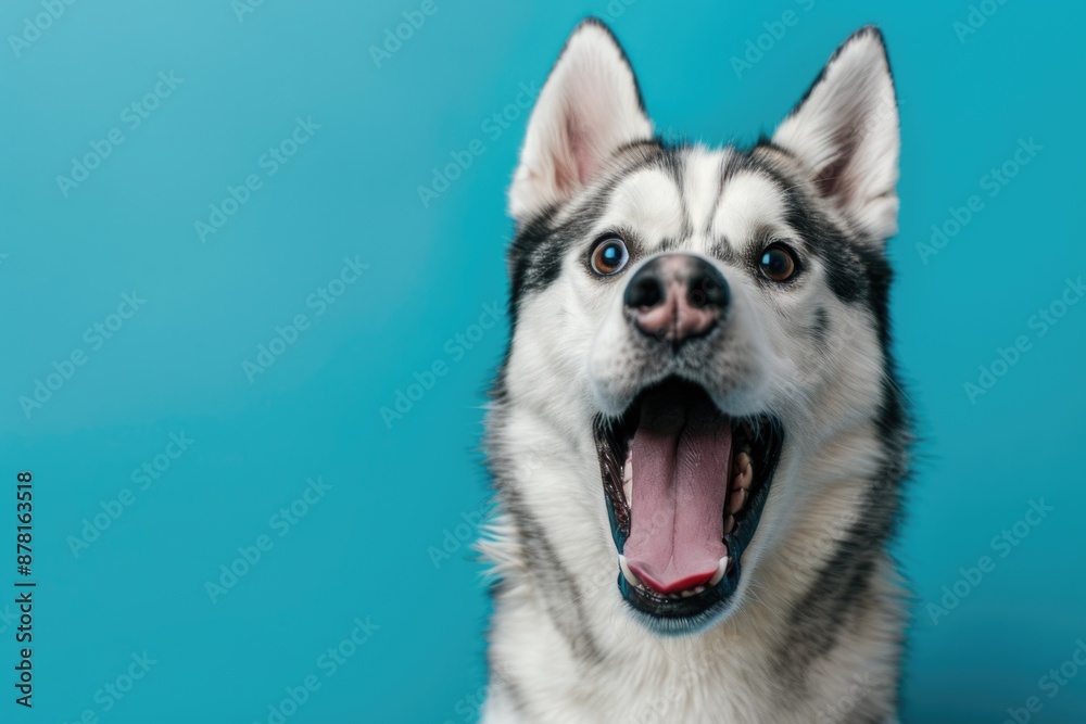 Dog Portrait. Husky Sled Dog with Mouth Open and Turquoise Blue Background Dog Portrait. Husky Sled Dog with Mouth Open and Turquoise Blue Background