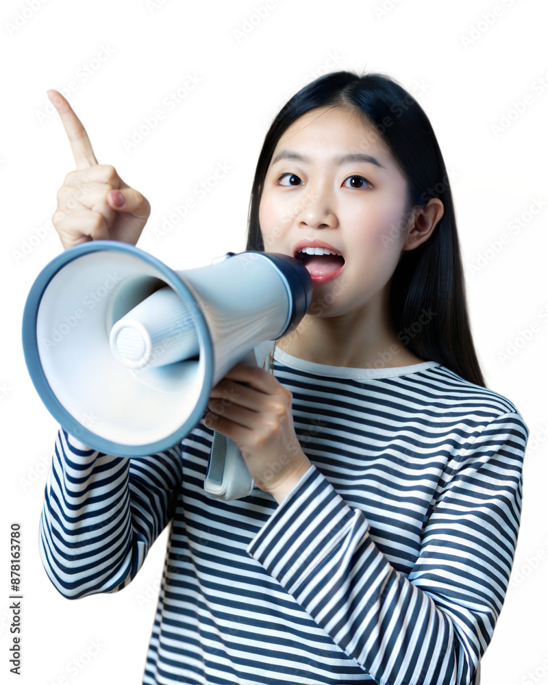 young asian woman talking with megaphone about latest news, product advertising concept, isolated on white background, png format young asian woman talking with megaphone about latest news, product advertising concept, isolated on white background, png format
