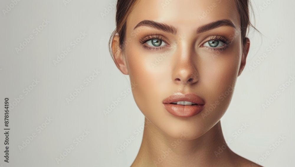 Fototapeta premium Woman with perfect skin and hair. Skincare or salon beautiful happy girl model with healthy glowing facial and natural makeup with moisturizing cream smile on isolated background with copy space.