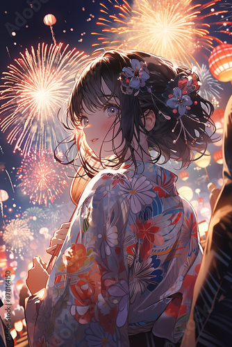 Beautiful yukata woman watching fireworks at summer festival.