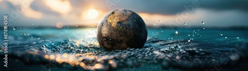 Stunning Globe Floating on Ocean Waves at Sunset with Dramatic Sky in Background