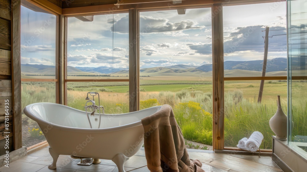 Ranch house with a luxurious outdoor bathroom that includes a claw-foot bathtub and privacy screens Ranch house with a luxurious outdoor bathroom that includes a claw-foot bathtub and privacy screens