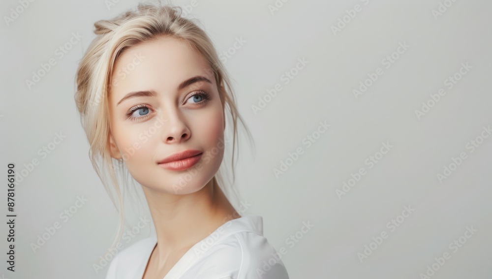 Woman with perfect skin and hair. Skincare or salon beautiful happy girl model with healthy glowing facial and natural makeup with moisturizing cream smile on isolated background with copy space. Woman with perfect skin and hair. Skincare or salon beautiful happy girl model with healthy glowing facial and natural makeup with moisturizing cream smile on isolated background with copy space.