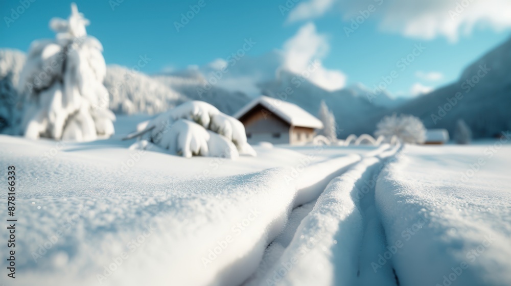 A picturesque snowy trail leading towards a distant cozy cabin surrounded by a backdrop of snow-laden trees and mountains, epitomizing a serene winter retreat. A picturesque snowy trail leading towards a distant cozy cabin surrounded by a backdrop of snow-laden trees and mountains, epitomizing a serene winter retreat.