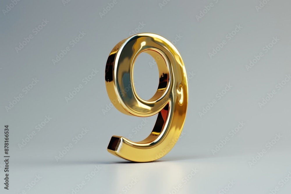 The number nine is shown in gold, with a shiny and reflective surface The number nine is shown in gold, with a shiny and reflective surface