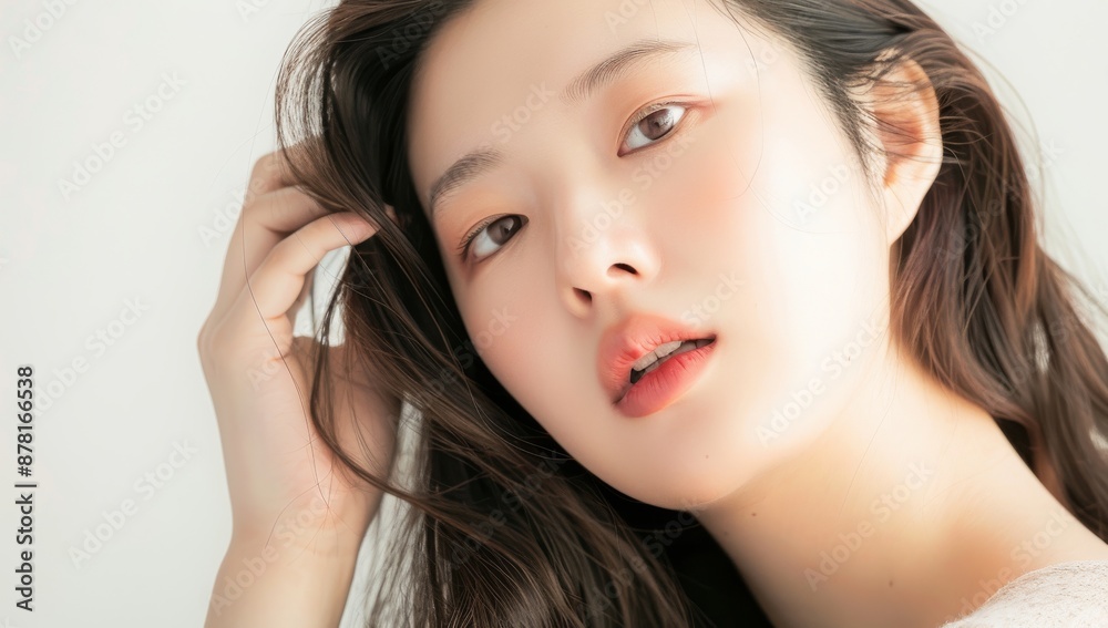 Skin care. Korean Woman with beauty face touching healthy facial skin portrait. Beautiful smiling asian girl model with natural makeup touching glowing hydrated skin on blue background closeup. Skin care. Korean Woman with beauty face touching healthy facial skin portrait. Beautiful smiling asian girl model with natural makeup touching glowing hydrated skin on blue background closeup.