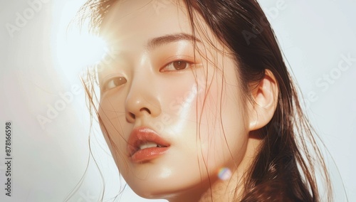 Skin care. Korean Woman with beauty face touching healthy facial skin portrait. Beautiful smiling asian girl model with natural makeup touching glowing hydrated skin on blue background closeup.