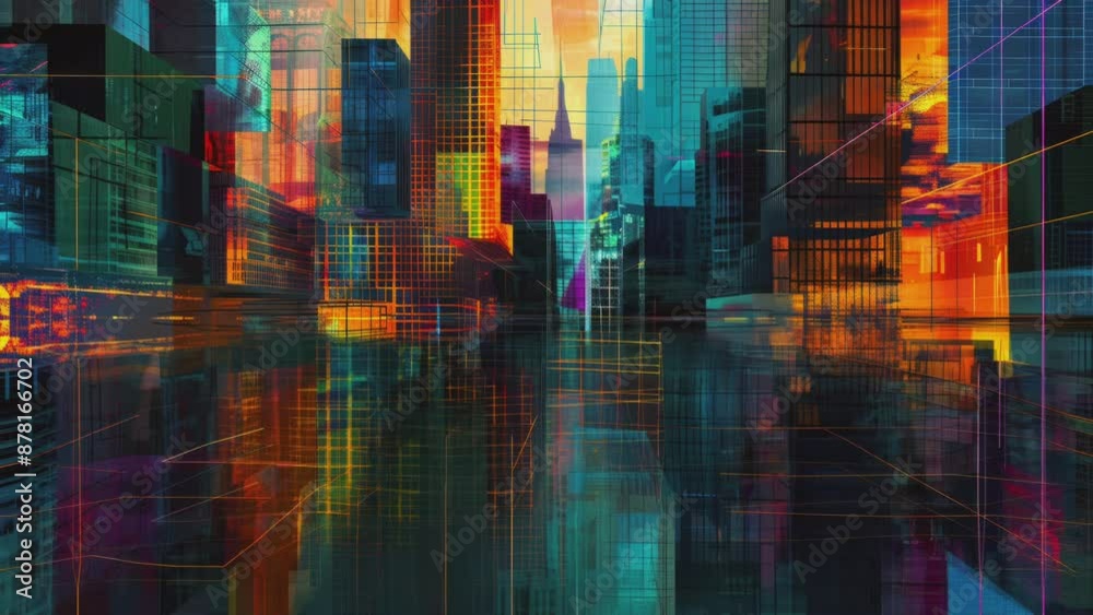 Abstract 3D cityscape with vivid colors and moving geometric structures
