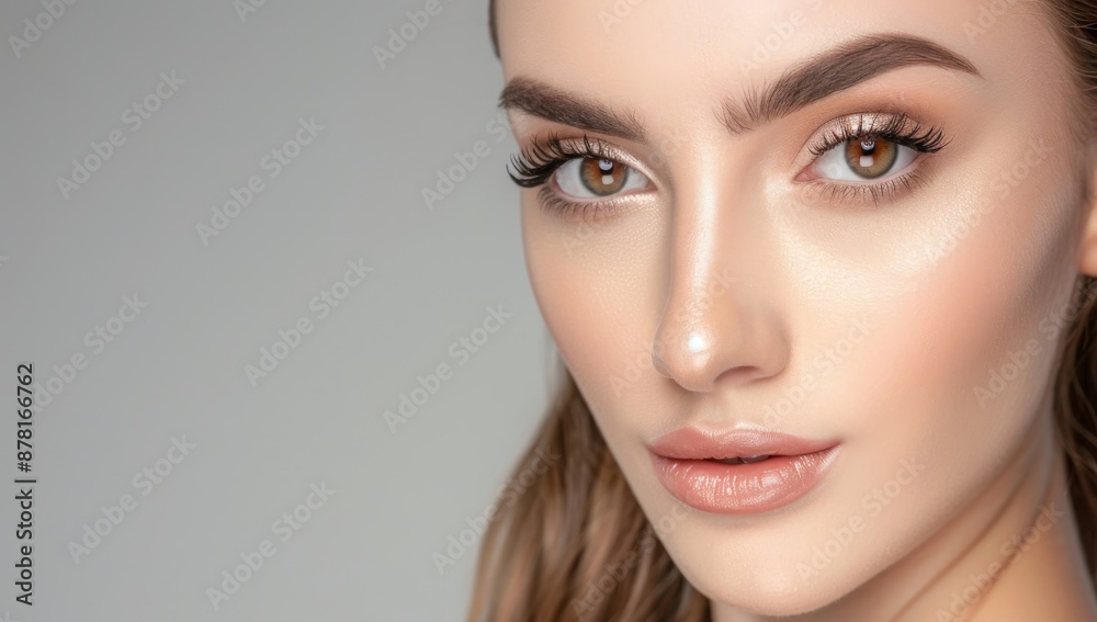 Woman with perfect skin and hair. Skincare or salon beautiful happy girl model with healthy glowing facial and natural makeup with moisturizing cream smile on isolated background with copy space. Woman with perfect skin and hair. Skincare or salon beautiful happy girl model with healthy glowing facial and natural makeup with moisturizing cream smile on isolated background with copy space.