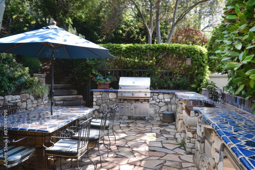 Outdoor Backyard. Home Exterior Patio with BBQ Counter and Blue Bushes Outdoor Backyard. Home Exterior Patio with BBQ Counter and Blue Bushes