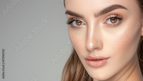 Woman with perfect skin and hair. Skincare or salon beautiful happy girl model with healthy glowing facial and natural makeup with moisturizing cream smile on isolated background with copy space.