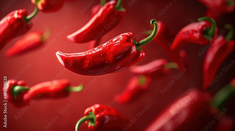 Multiple red peppers suspended in mid-air against a vibrant red background. Multiple red peppers suspended in mid-air against a vibrant red background.