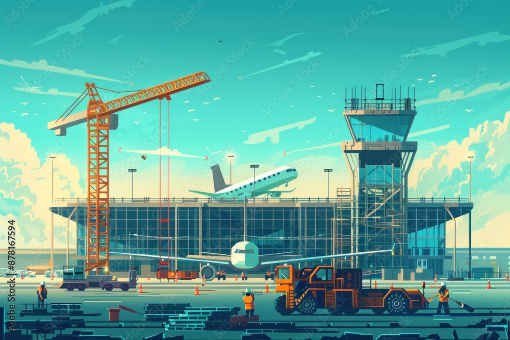 Flat design illustration of a construction site for a modern airport terminal. Workers are installing large glass panels, and cranes are lifting steel beams into place. The scene includes a partially Flat design illustration of a construction site for a modern airport terminal. Workers are installing large glass panels, and cranes are lifting steel beams into place. The scene includes a partially
