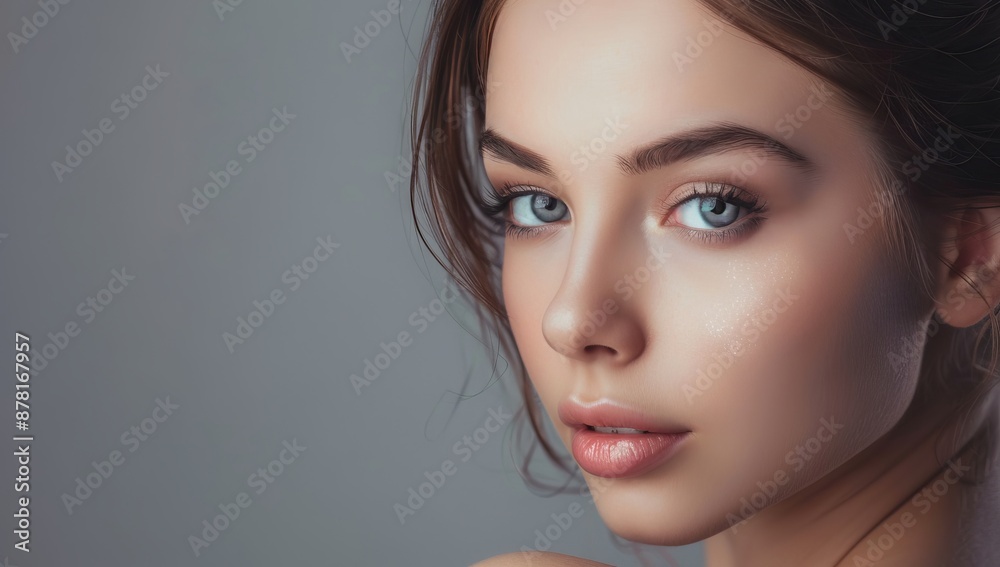 Naklejka premium Close-up portrait of a woman’s face. Ideal for beauty and skincare concepts. She has smooth skin and well-groomed eyebrows. Isolated plain background with copy space