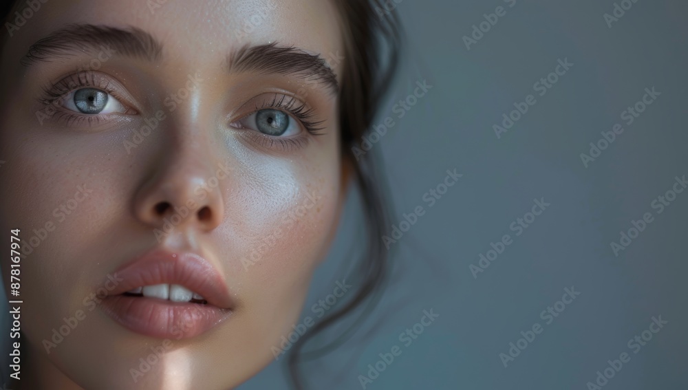 Close-up portrait of a woman’s face. Ideal for beauty and skincare concepts. She has smooth skin and well-groomed eyebrows. Isolated plain background with copy space Close-up portrait of a woman’s face. Ideal for beauty and skincare concepts. She has smooth skin and well-groomed eyebrows. Isolated plain background with copy space