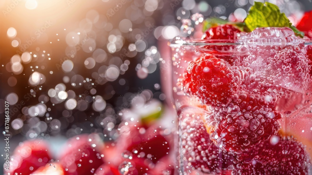A vibrant glass filled with sparkling water and vivid red raspberries, garnished with fresh mint leaves and ice cubes, against a backdrop of warm light and water droplets, creating a refreshing sensa A vibrant glass filled with sparkling water and vivid red raspberries, garnished with fresh mint leaves and ice cubes, against a backdrop of warm light and water droplets, creating a refreshing sensa