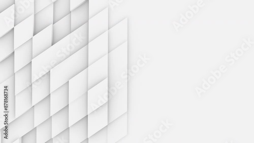 3D animation of closeup white rhomb blocks random waving on one half of the composition, 4K abstract animated background photo