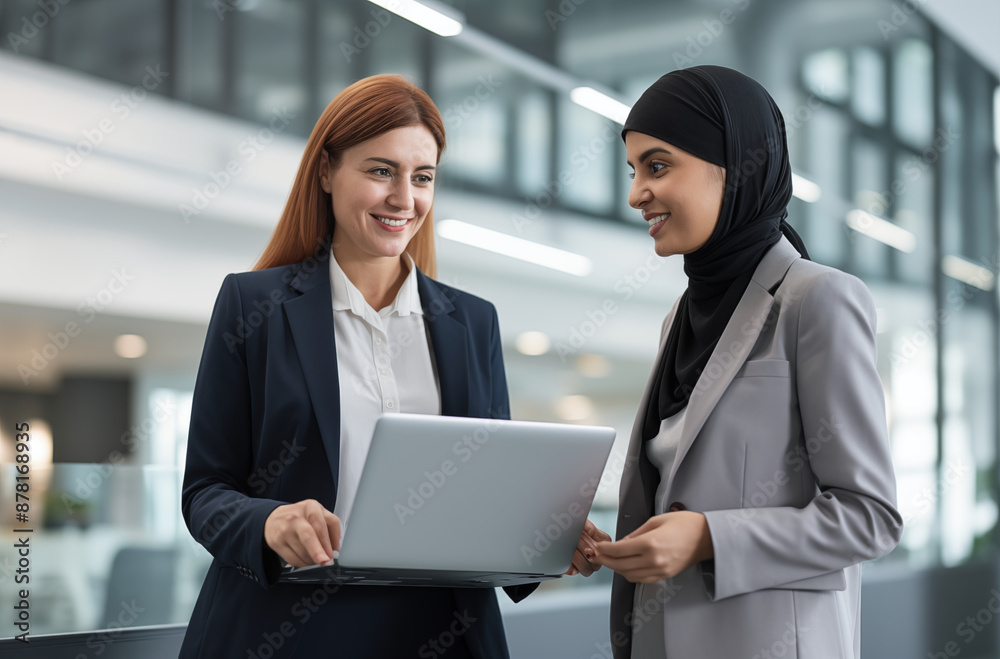 Two women in professional attire working together in an office, discussing plans and collaborating on a project Two women in professional attire working together in an office, discussing plans and collaborating on a project