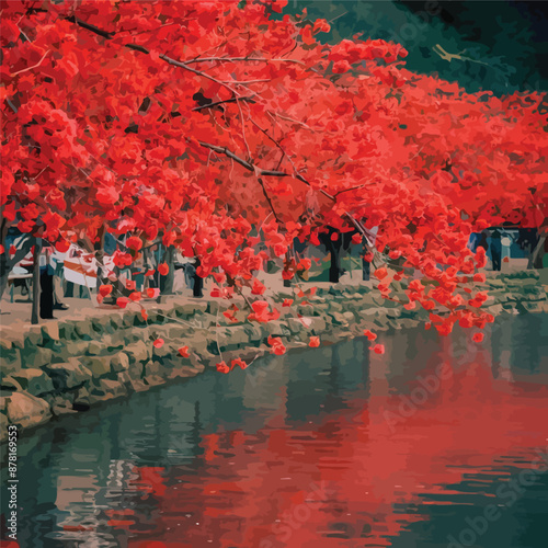 A picturesque setting where fiery red cherry blossom trees adorn the lake's edge, with their delicate petals reflected in the water, enhancing the scene's beauty and depth