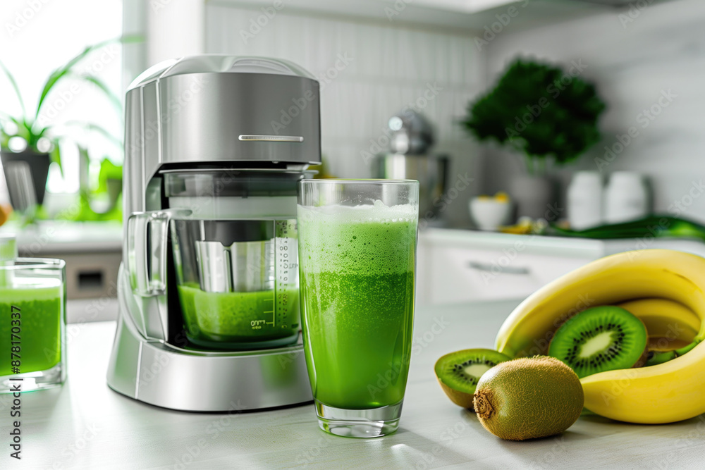 Modern kitchen with blender, fresh green juice in glass, surrounded by kiwi and banana fruits. Healthy lifestyle, home appliances, fresh drinks, smoothie recipes, nutritious diet, wellness concept. Modern kitchen with blender, fresh green juice in glass, surrounded by kiwi and banana fruits. Healthy lifestyle, home appliances, fresh drinks, smoothie recipes, nutritious diet, wellness concept.