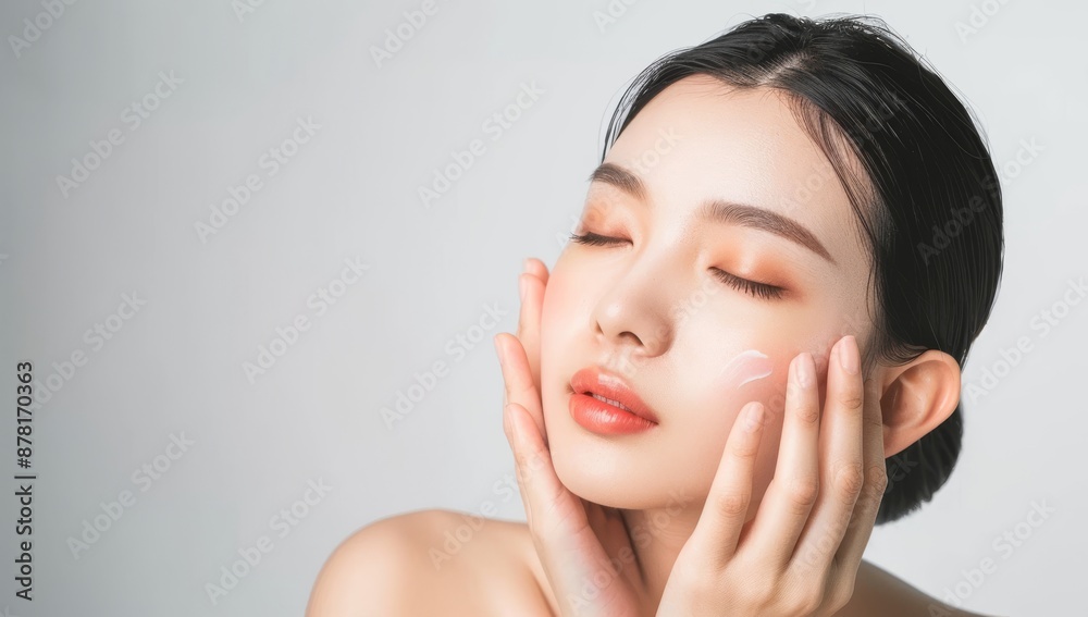 Skin care. Korean Woman with beauty face touching healthy facial skin portrait. Beautiful smiling asian girl model with natural makeup touching glowing hydrated skin on blue background closeup. Skin care. Korean Woman with beauty face touching healthy facial skin portrait. Beautiful smiling asian girl model with natural makeup touching glowing hydrated skin on blue background closeup.