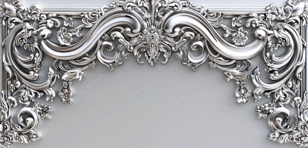 frame with elaborate curves and floral patterns, richly detailed in silver frame with elaborate curves and floral patterns, richly detailed in silver