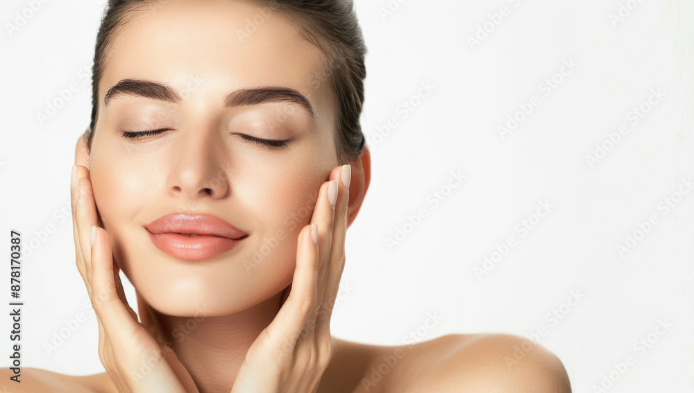 Skincare with young woman touching her face with both hands. touching healthy facial skin portrait. Girl model with natural makeup touching glowing hydrated skin isolated background. Copy space Skincare with young woman touching her face with both hands. touching healthy facial skin portrait. Girl model with natural makeup touching glowing hydrated skin isolated background. Copy space