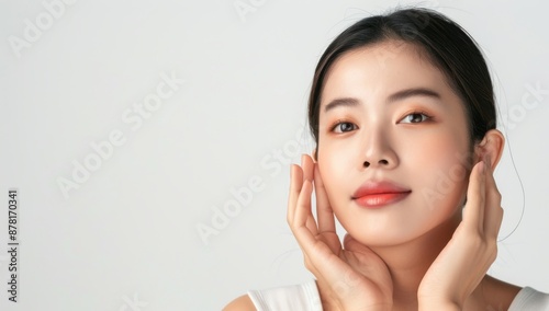 Skin care. Korean Woman with beauty face touching healthy facial skin portrait. Beautiful smiling asian girl model with natural makeup touching glowing hydrated skin on blue background closeup.