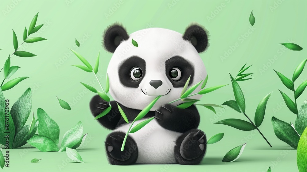 A cute panda munches on bamboo amidst lush greenery and tall trees, showcasing wildlife's serene beauty.