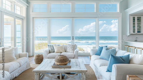 Coastal Living Room with Beach Inspired Decor and Ocean View