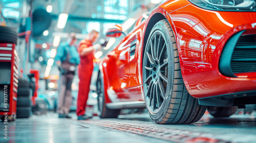 Two mechanics at a car station are repairing a red car Two mechanics at a car station are repairing a red car